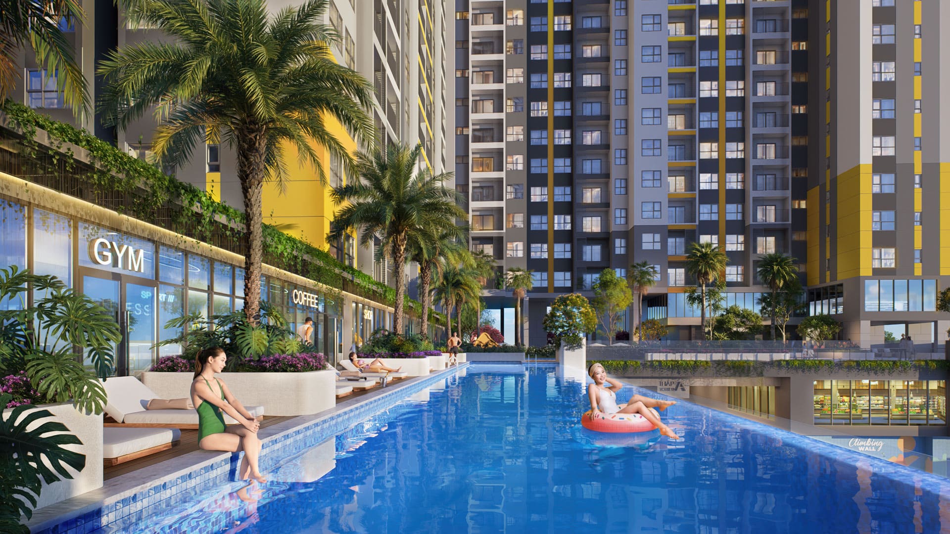 Hồ bơi Bcons Central Park mang phong cách resort nhiệt đới xanh mát. Đây là chốn thư giãn lý tưởng giúp cư dân thả mình vào làn nước trong lành và tái tạo năng lượng sau ngày dài làm việc.