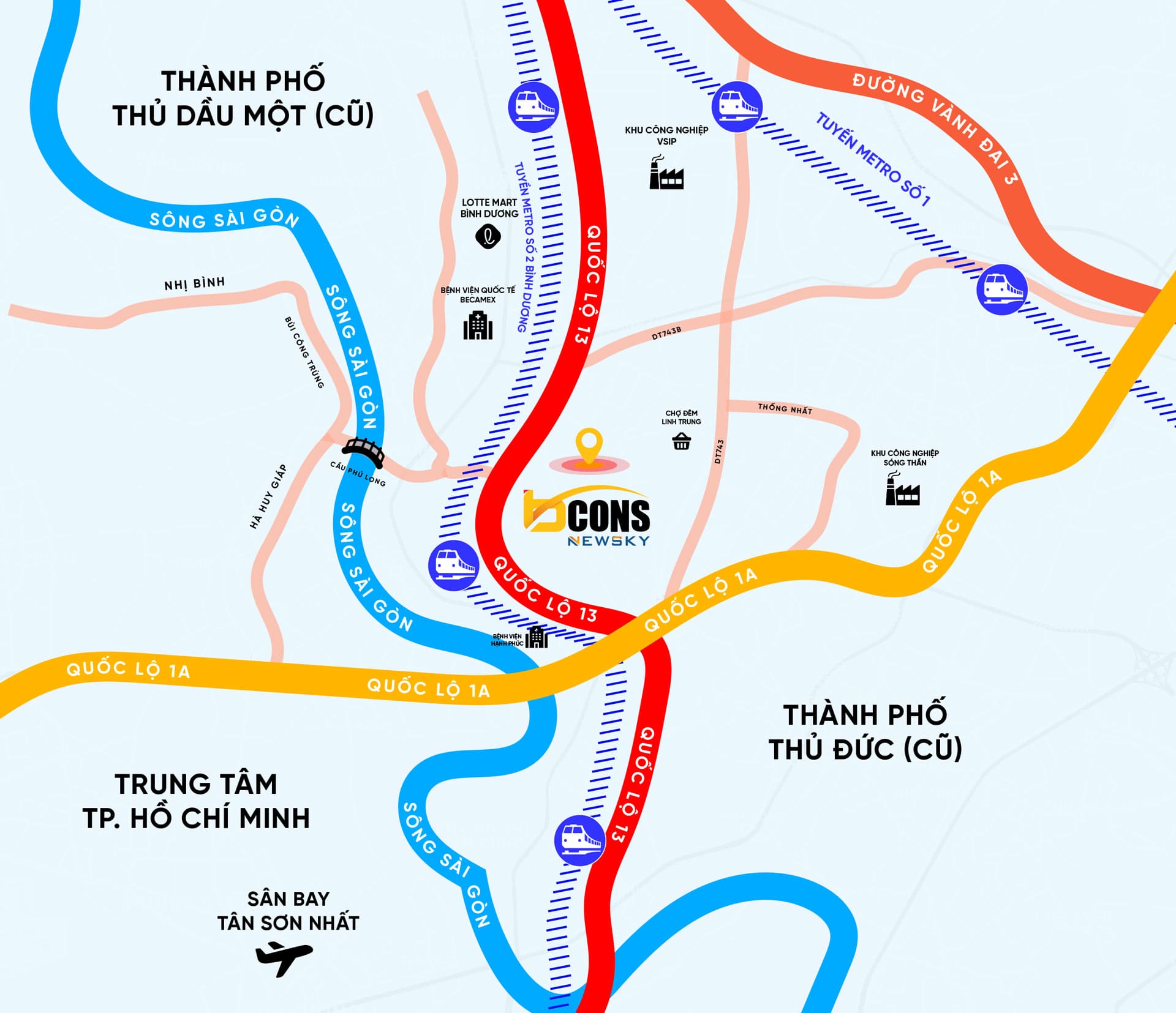 Vị trí Bcons Central Park nằm trên trục giao thông huyết mạch Bình Dương, liền kề sông và hệ thống metro dự kiến, mang lại lợi thế di chuyển nhanh, tiềm năng tăng giá bền vững.